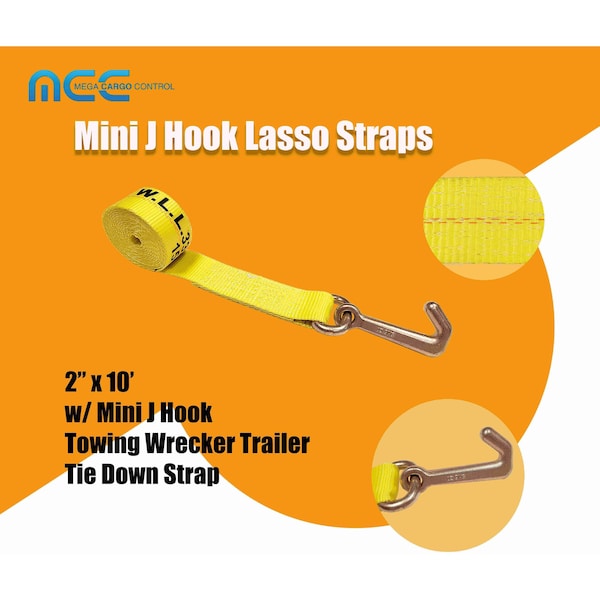 2 X 10' Lasso Strap W/ Mini J Hook For Towing Wrecker Trailer Tie Down, 12PK